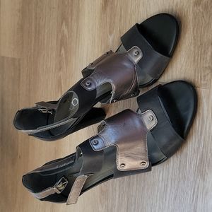 leather black & silver strappy buckle heels